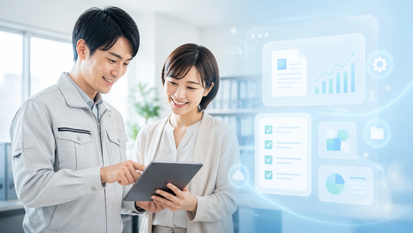 タブレットを見ながらAIによる業務自動化について話す作業服の男性社員と女性社員